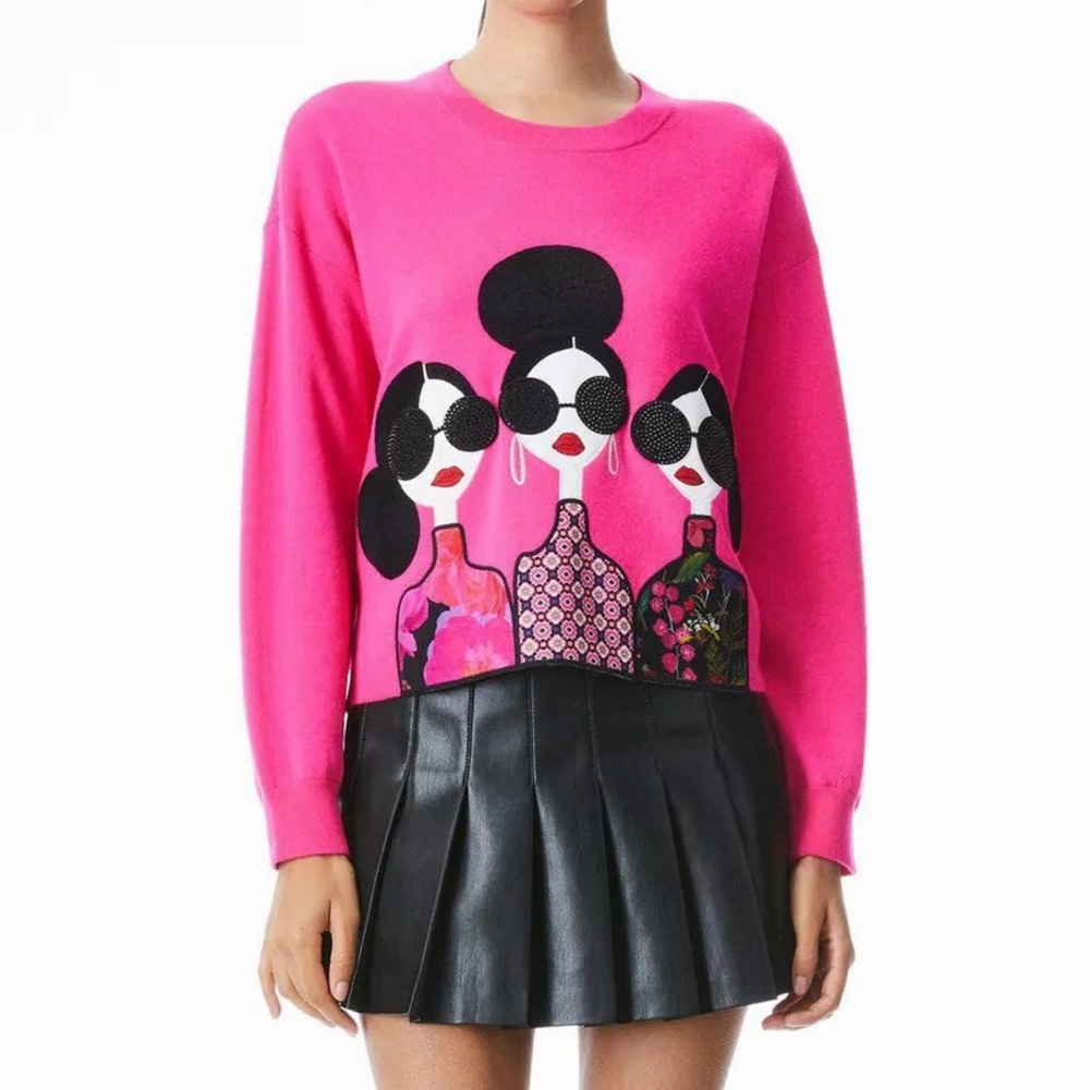 Alice + Olivia Nyla Doll Gleeson Sweater Embroidered Stace Face Wild Pink S
